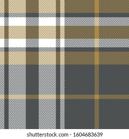 Tartan plaid pattern background. Seamless herringbone check plaid graphic in grey, gold, and white for scarf, flannel shirt, blanket, throw, duvet cover, or other modern fabric design.