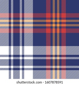 Tartan plaid pattern background. Seamless check plaid graphic in navy blue, red, orange, and white for scarf, flannel shirt, blanket, throw, duvet cover, or other modern autumn fabric design.