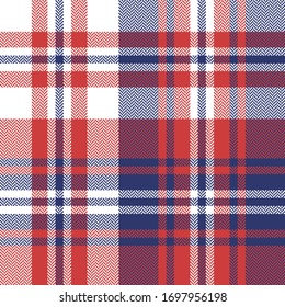 Tartan plaid pattern background. Seamless herringbone check plaid graphic in blue, red, white for scarf, flannel shirt, blanket, throw, duvet cover, or other modern autumn casual winter fabric design.