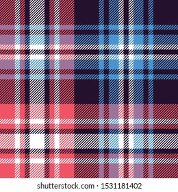 Tartan plaid pattern background vector. Seamless check plaid graphic in dark purple, bright pink, blue, and white for flannel shirt, blanket, throw, or other modern fabric design.