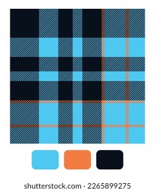 Tartan-Muster in Schwarz, Blau und Orange. Nahtlose strukturierte, helle Tartan-Vektorgrafik für Modetextilien, Tapeten, Banner, Verpackungen.