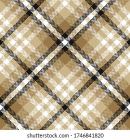 Tartan plaid pattern in black, gold, white. Seamless diagonal herringbone check plaid for flannel shirt, skirt, tablecloth, or other modern autumn winter textile design.