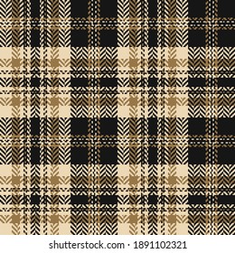 Tartan plaid pattern in black, gold brown, beige. Seamless herringbone patterned check, plaid for flannel shirt, skirt, or other modern autumn winter fashion textile print.