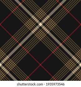 Tartan plaid pattern in black, gold, red, beige. Seamless multicolored dark large herringbone check vector for flannel shirt, duvet cover, scarf, skirt, other autumn winter fashion textile print.