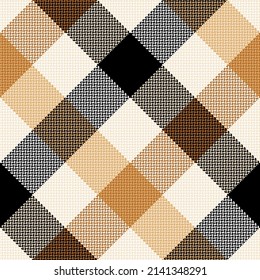 Tartan plaid pattern in black, gold, brown, beige. Herringbone textured seamless large check plaid for flannel shirt, skirt, scarf, blanket, duvet cover, other spring autumn winter textile print.