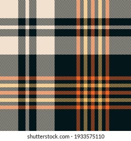 Tartan plaid pattern in black, orange, yellow, off white. Herringbone large dark bright check graphic vector texture for autumn winter flannel shirt, blanket, duvet cover, other fashion textile print.