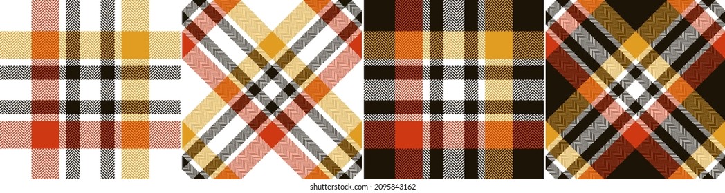 Tartan plaid pattern in black, orange, yellow, white. Seamless dark and bright herringbone check plaid for flannel shirt, blanket, duvet cover, throw, other modern autumn winter fashion fabric print.