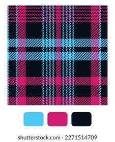 Tartan plaid pattern in black, pink, and blue. Seamless textured bright tartan vector for fashion textiles, wallpaper, banner, packaging.