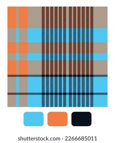 Tartán trenzado en azul, negro y naranja. Vector de tartán brillante sin textura para textiles de moda, papel pintado, pancarta, embalaje.