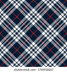 Tartan plaid pattern in blue, red, white. Seamless diagonal check plaid graphic for flannel shirt, blanket, throw, bag, packaging, wrapping, or other modern fabric design.