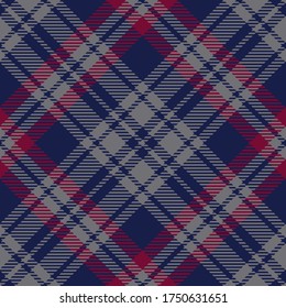 Tartan plaid pattern in blue, red, grey. Seamless dark diagonal check plaid for skirt, dress, or other modern autumn winter textile design.