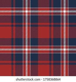 Tartan plaid pattern in blue, red, white. Seamless check plaid for flannel shirt, skirt, or other modern autumn winter fashion textile design.