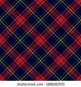 Tartan plaid pattern in blue, red, green, yellow. Herringbone textured seamless checked background for Christmas flannel shirt, skirt, throw, or other modern autumn winter textile print.