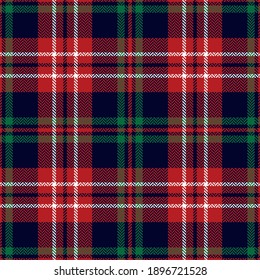Tartan plaid pattern in blue, red, green. Seamless herringbone textured Christmas and New Year check plaid for flannel shirt, skirt, blanket, or other modern autumn winter holiday textile print.