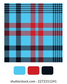 Tartan plaid pattern in blue, red and black. Seamless textured bright tartan vector for fashion textiles, wallpaper, banner, packaging.
