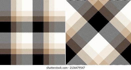 Tartan plaid pattern in brown, beige, black, white. Seamless herringbone check texture for flannel shirt, trousers, skirt, blanket, duvet cover, other modern spring summer autumn winter fashion print.