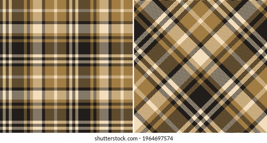 Tartan plaid pattern in brown, gold, beige. Seamless asymmetric check vector graphic image for flannel shirt, scarf, blanket, duvet cover, other modern autumn winter everyday fashion fabric print.