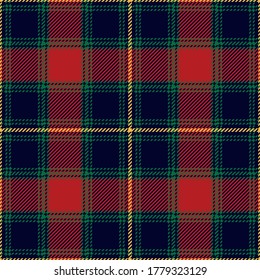 Tartan plaid pattern. Christmas red, green, yellow, blue dark check plaid striped textured graphic for flannel shirt, skirt, or other modern winter holiday fabric design.