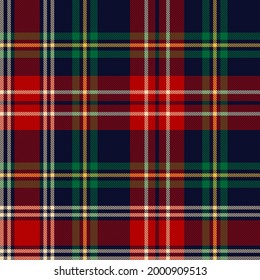 Tartan plaid pattern for Christmas in red, green, navy blue, yellow, beige. Seamless dark New Year holiday check plaid vector for blanket, duvet cover, throw, other modern winter textile design.