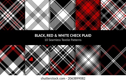 Tartan plaid pattern collection in black, white, red. Seamless dark check plaid background vector for modern autumn winter flannel shirt, scarf, blanket, duvet cover, throw, other textile design.
