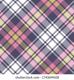 Tartan plaid pattern colorful background. Seamless diagonal check plaid graphic in purple, pink, yellow, and white for scarf, flannel shirt, blanket, throw, or other fabric design.