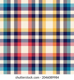 Tartan Plaid Pattern In Colorful Blue, Red, Yellow, Beige. Seamless Vichy Gingham Check Vector For Flannel Shirt, Dress, Jacket, Skirt, Scarf, Other Spring Summer Autumn Winter Fashion Fabric Design.
