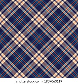 Tartan plaid pattern colorful in navy blue, orange, beige. Multicolored bright seamless herringbone check texture for skirt, scarf, flannel shirt, other spring summer autumn fashion textile print.