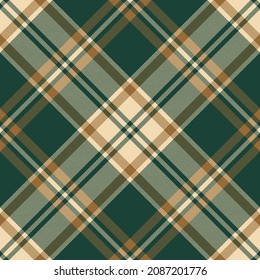 Tartan plaid pattern in dark green, brown gold, beige. Seamless large herringbone textured check plaid for autumn winter flannel shirt, blanket, duvet cover, other modern fashion textile print.