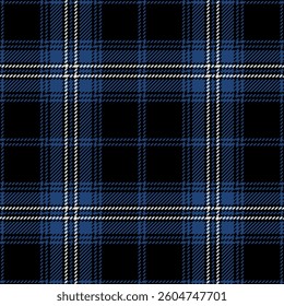 Tartan plaid pattern in dark navy blue and white. Vector seamless check pattern for flannel shirt, skirt, blanket, jacket, tablecloth, textile.