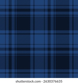 Tartan plaid pattern in dark navy blue. Vector straight seamless check pattern for plaid fabric, flannel shirt, blanket, clothes, skirt, tablecloth, textile.