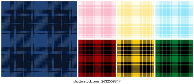 Tartan plaid pattern in dark navy blue, red, yellow, green, pink and light blue set. Vector straight seamless check pattern for plaid fabric, flannel shirt, blanket, clothes, tablecloth, textile.