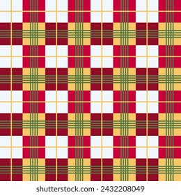 Tartan Plaid Pattern Fabric Design Red White Green Yellow Vector illustration Printed Clothing Pants Shirts Ethnic Multipurpose cloth Tablecloths Textile industry Christmas and more.
