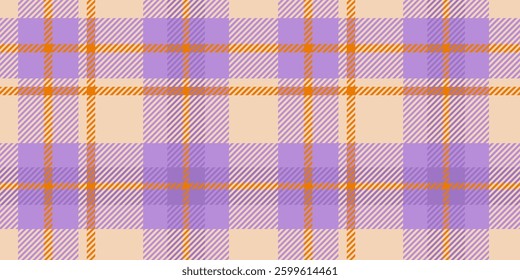 tartan plaid pattern featuring lavender and orange hues intersecting with beige tones, showcasing a bold and modern geometric design with crisscrossed lines and square elements for textile or decor