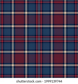 Tartan plaid pattern glen in blue, red, beige. Seamless pixel tweed background vector graphic for flannel shirt, skirt, blanket, scarf, other modern spring summer autumn winter fashion textile design.