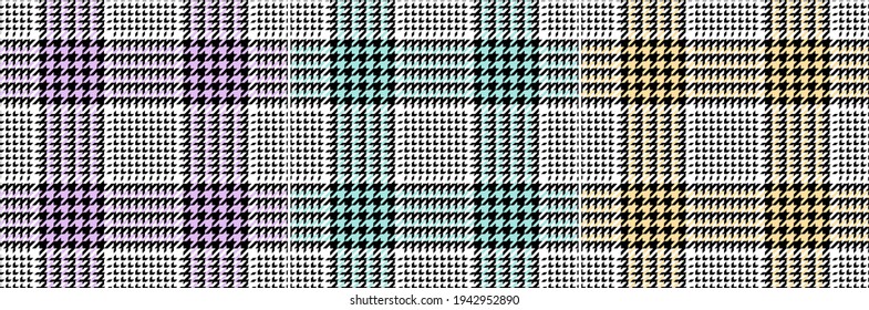 Tartan plaid pattern glen set in black, white, purple, green, yellow. Seamless tweed check vector graphics for jacket, coat, skirt, throw, other spring summer autumn fashion textile print.