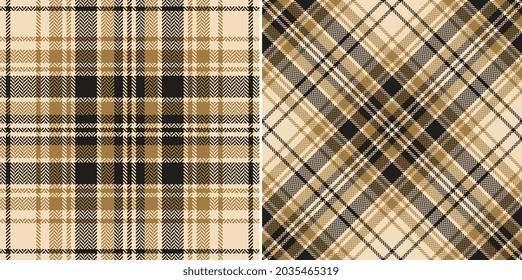 Tartan Plaid Pattern In Gold Brown, Black, Beige. Herringbone Textured Seamless Check Pattern For Spring Autumn Winter Flannel Shirt, Skirt, Scarf, Blanket, Duvet Cover, Other Fashion Fabric Print.