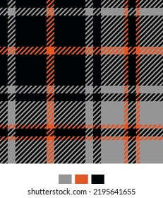 El tartán trenzó un patrón en gris, negro y naranja. Vector de tartán oscuro sin textura para textiles de moda, papel pintado, pancarta, embalaje.