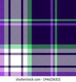 Tartan plaid pattern herringbone in navy blue, neon green, purple, white. Seamless large bright colorful check vector for blanket, duvet cover, scarf, other modern autumn winter fashion fabric print.