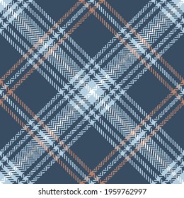 Tartan plaid pattern herringbone texture in blue and brown. Seamless simple check vector for for flannel shirt, scarf, throw, other modern spring summer autumn everyday fashion textile print.