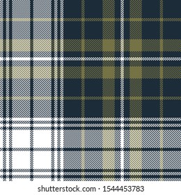 Tartan plaid pattern large background. Seamless woven check plaid graphic in dark blue, khaki green, and white for scarf, blanket, throw, upholstery, or other modern winter or autumn fabric design.