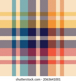 Tartan plaid pattern modern seamless print. Multicolored check plaid in navy blue, red, orange, yellow, beige for flannel shirt, blanket, duvet cover, throw, other textile design. Herringbone texture.