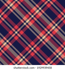 Tartan plaid pattern in navy blue, red, beige. Large herringbone asymmetric check texture for flannel shirt, blanket, duvet cover, scarf, skirt, other trendy autumn winter fashion textile print.