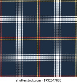 Tartan plaid pattern in navy blue, red, yellow, white. Herringbone textured multicolored seamless check graphic vector background for skirt, flannel shirt, other trendy everyday fashion textile print.