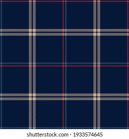 Tartan plaid pattern in navy blue, red, beige. Seamless dark striped check background vector texture for flannel shirt, duvet cover, scarf, other autumn winter everyday casual fashion textile print.