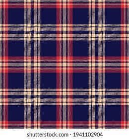 Tartan plaid pattern in navy blue, red, beige. Seamless dark check striped texture graphic vector for autumn winter flannel shirt, duvet cover, other autumn winter everyday fashion textile print.