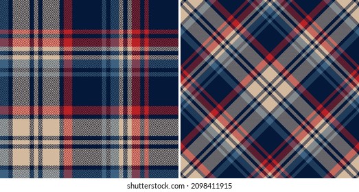 Tartan plaid pattern in navy blue, red, beige. Seamless herringbone textured large asymmetric check plaid set for blanket, duvet cover, throw, scarf, other modern spring autumn winter textile design.