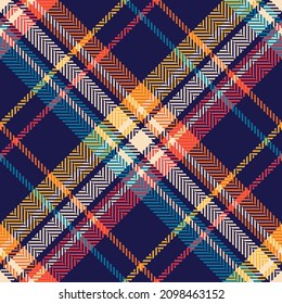 Tartan plaid pattern in navy blue, red, orange, yellow, beige. Seamless herringbone textured multicolored diagonal check vector for spring autumn winter scarf, blanket, throw, other textile design.