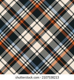 Tartan plaid pattern in orange, blue, brown, beige for autumn winter. Seamless herringbone textured diagonal check vector for blanket, duvet cover, scarf, other modern fashion textile print.