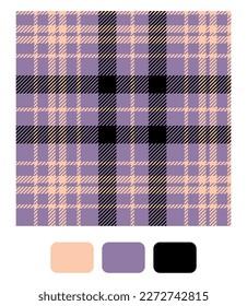 Tartan plaid pattern in purple, black and pastel brown. Seamless textured bright tartan vector for fashion textiles, wallpaper, banner, packaging.