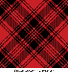 Tartan plaid pattern red black background. Seamless diagonal check plaid graphic in black and red for scarf, flannel shirt, blanket, throw, upholstery, or other modern fabric design.
